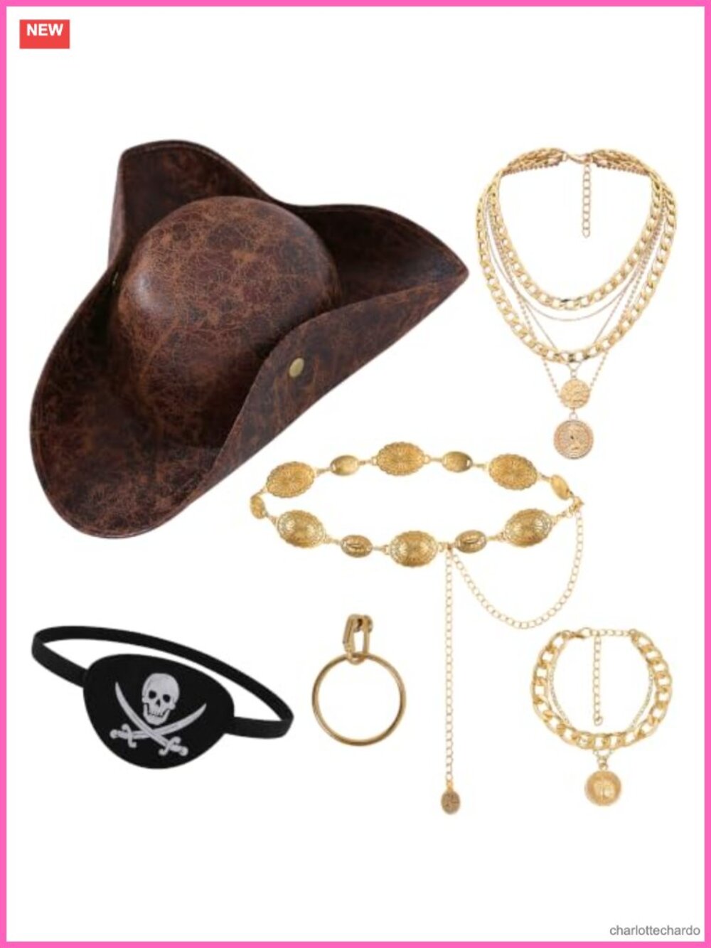 Pirate Costume Accessories Set Faux Leather Hat Waist Chain 6 Pc